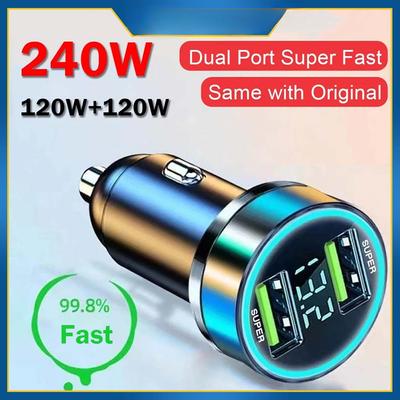 240W Car Charger Dual USB Ports 120W Super Fast Charging with Digital Display Quick Charging Adapter for
