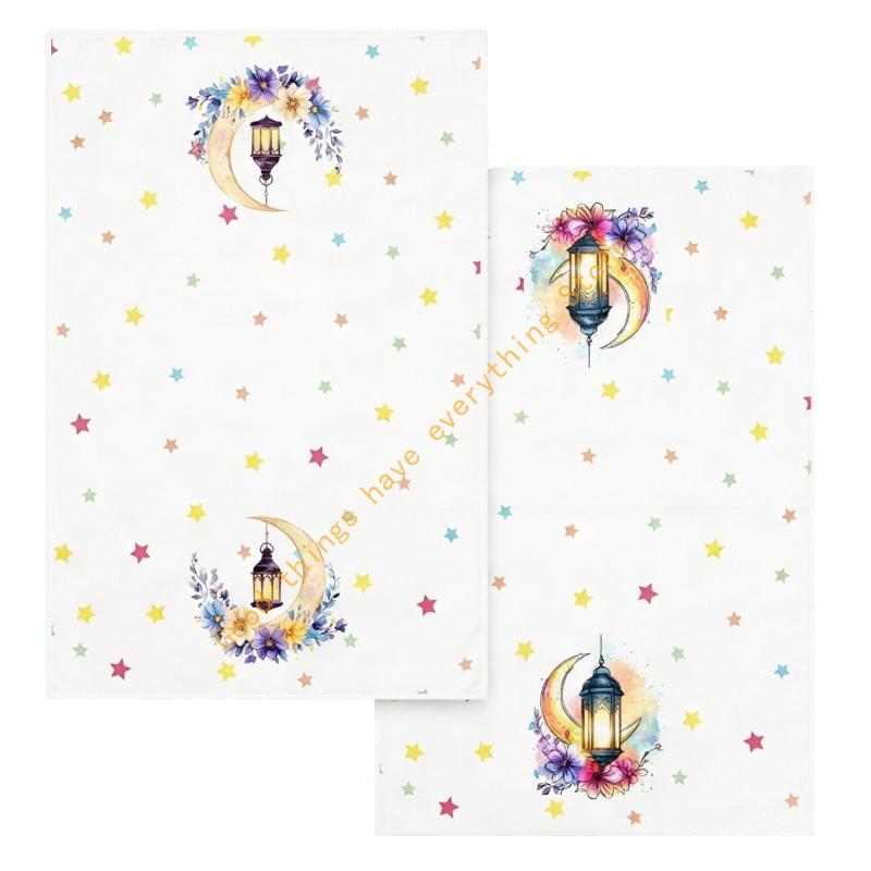 

2Pcs Ramadans Moon Floral Watercolor Microfiber Kitchen Towels Absorbent Dish Cleaning Cloths for Islamic Party Decors 55KF