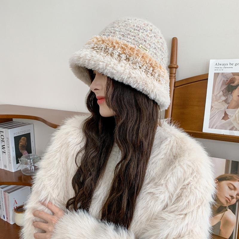 Autumn and winter knitted color matching basin hat, femininity, simple and elegant, high-end bucket hat, warm and cold-proof, small wool hat