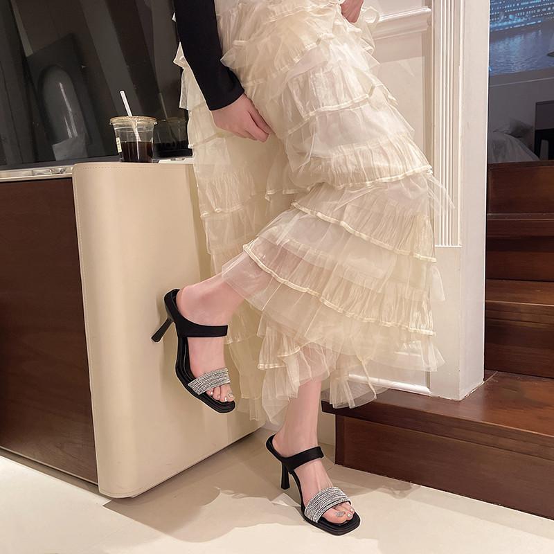 Fashion Thin Heels Glitter Slides High-Heeled Shoes Lady Slippers Women Summer Fashion Pantofle Jelly Luxury 2025 Crystal High-Heeled Sh
