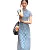 New Chinese style cheongsam collar blue polka dot buckle dress women's summer new slim waist and hip long dress
