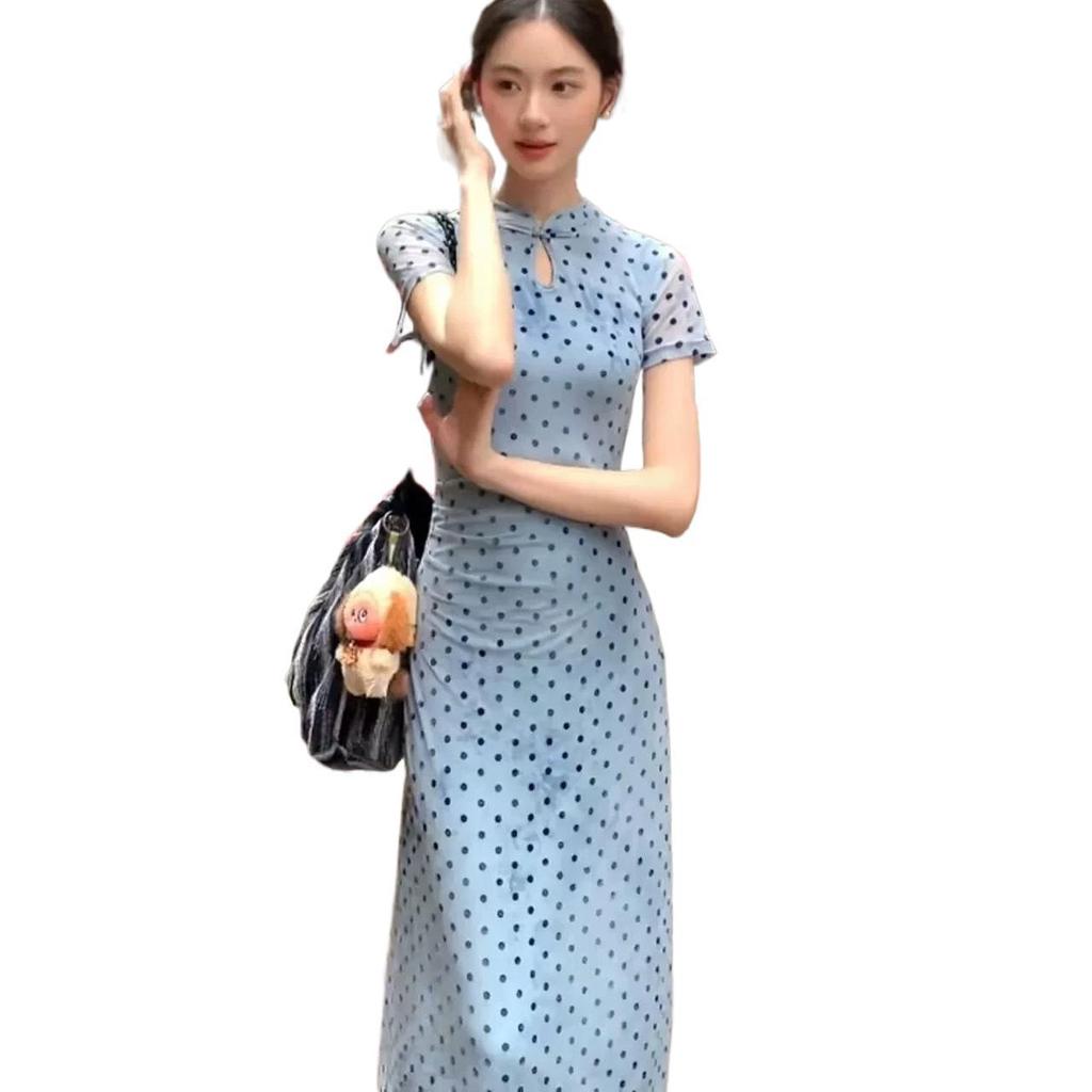 New Chinese style cheongsam collar blue polka dot buckle dress women's summer new slim waist and hip long dress
