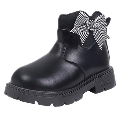Kids Princess Boots Girls High Top Side Zipper Plaid Tie Bow Autumn Winter Boots Children Soft Bottom Anti-Slip PU Leather Shoes