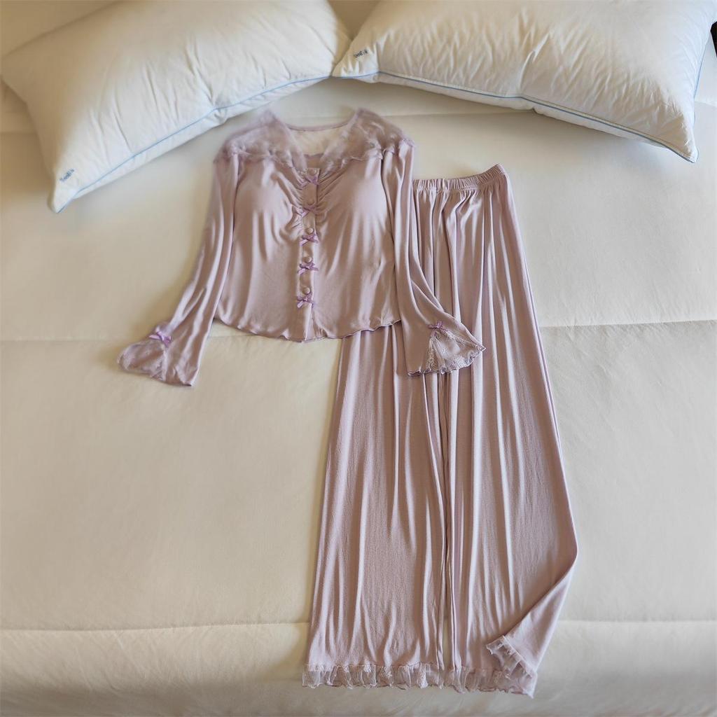 Damska piżama modalna z wkładkami na biust: Dwuczęściowy komplet do domu z długim rękawem i długimi spodniami na każdą porę roku