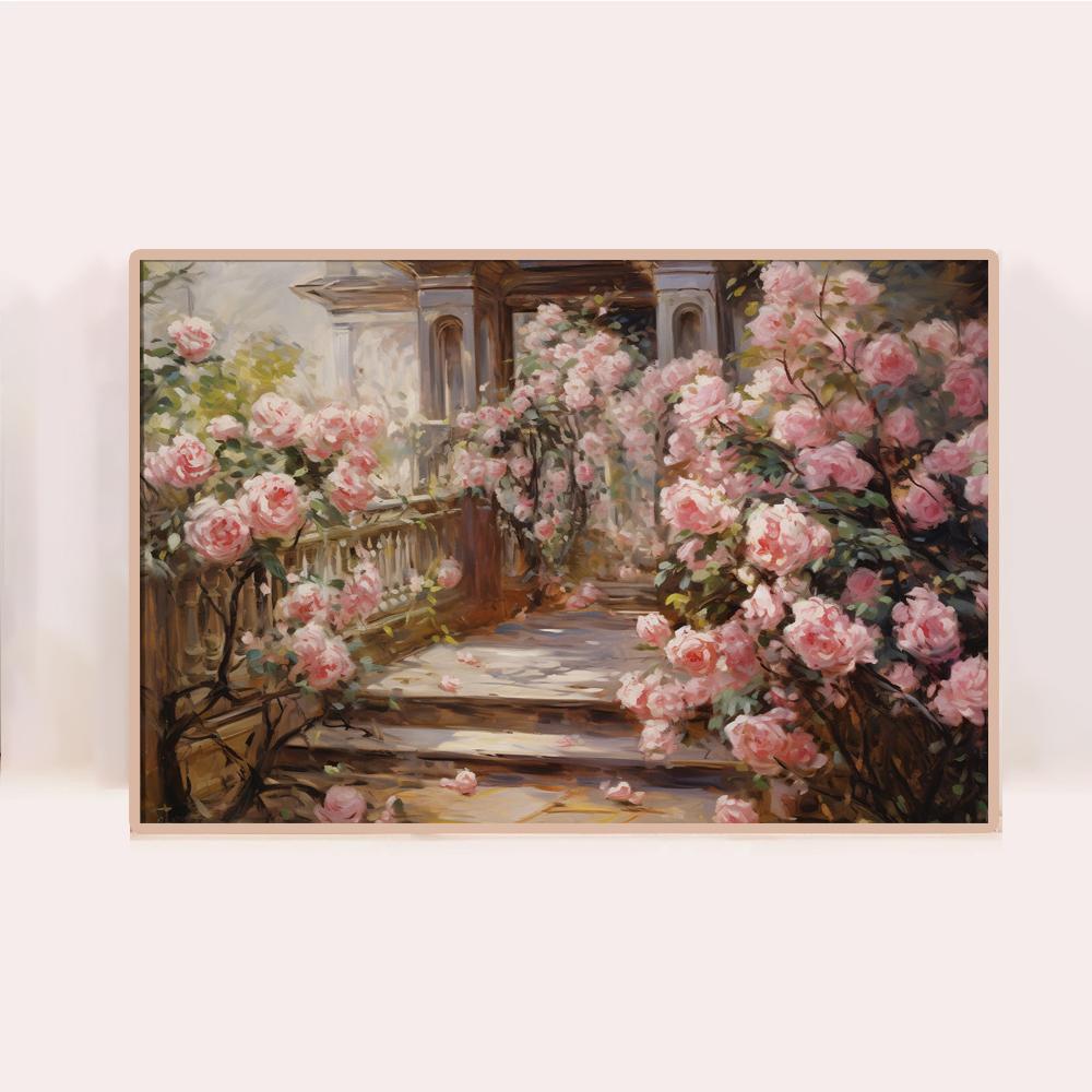 Dipinto ad olio vintage di fiori Rosa rosa vaso finestra vicino al fiume poster pittura su tela arte da parete immagini arredamento per la casa