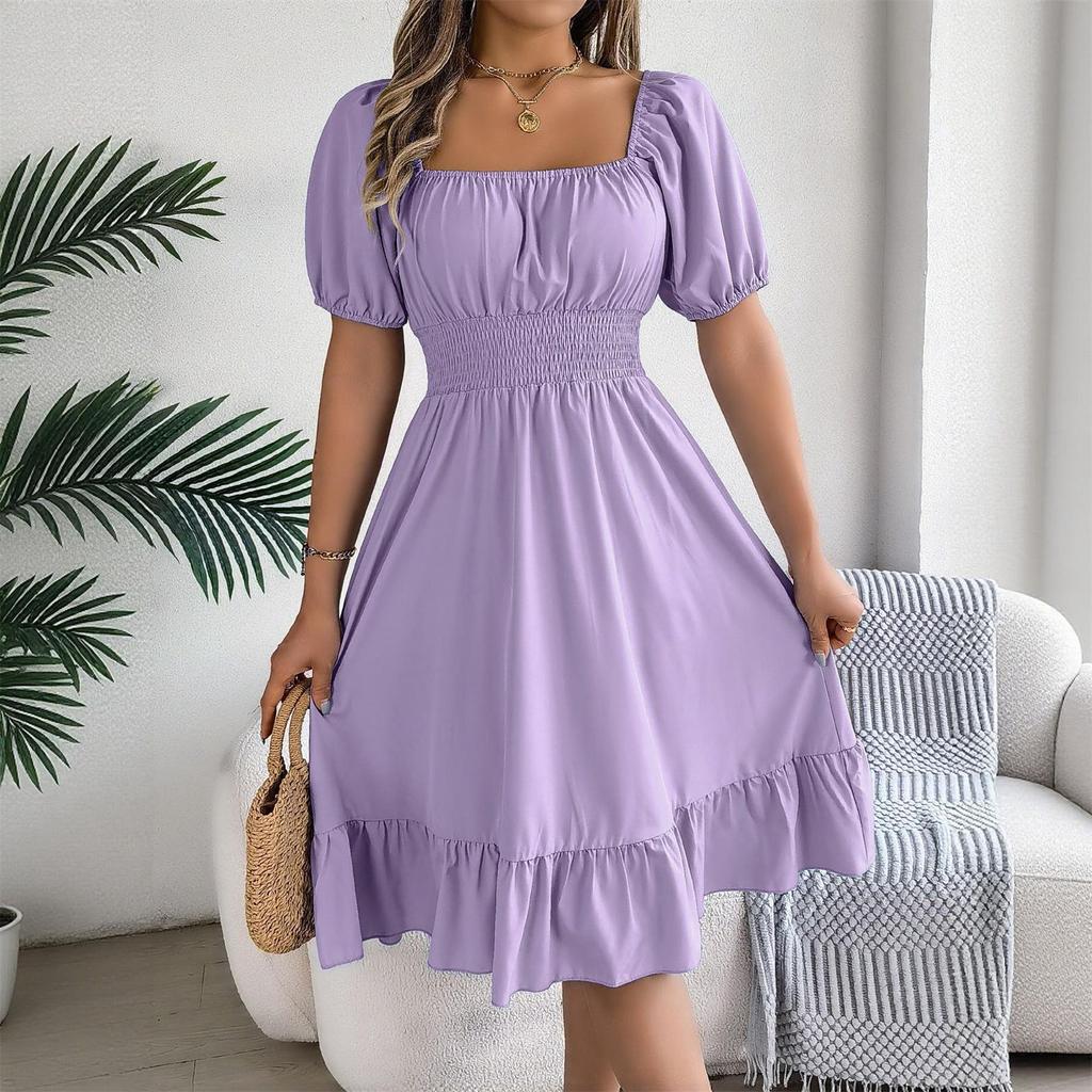 Women's Fashionable Retro Color Square Collar Fungus Hem Waist A-line Long Skirt Short-sleeved Dress