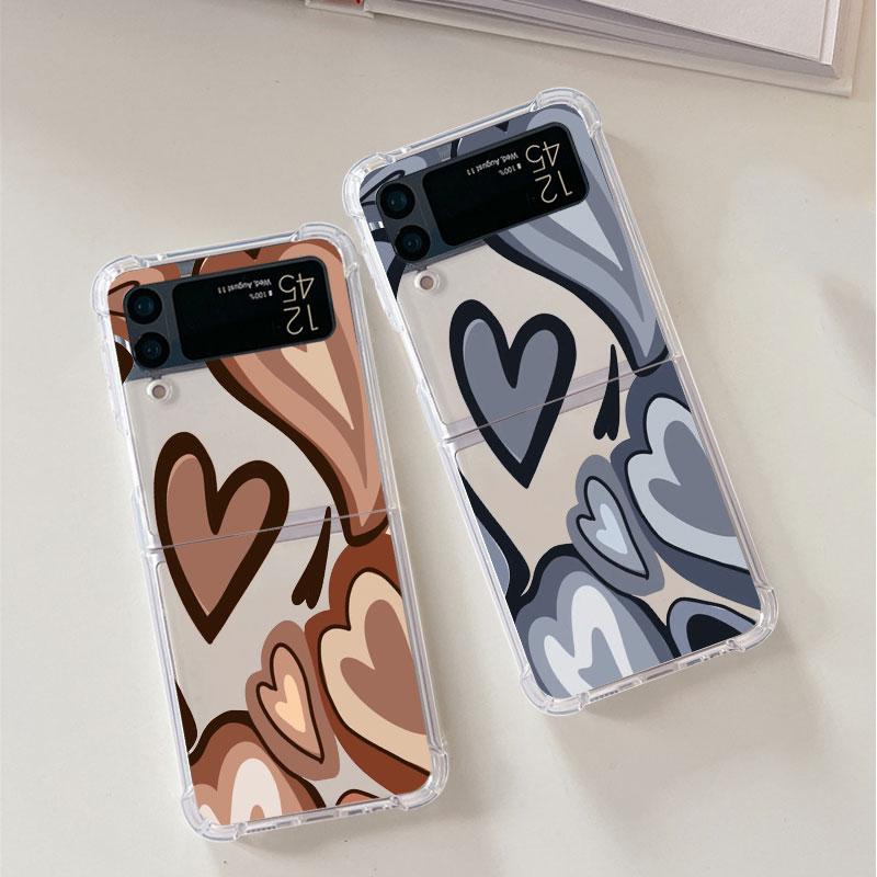 Love Heart Pattern Luxury Case For Samsung Galaxy Z Flip 3 4 5g Funda Z Flip3 Clear Pc Hard Shockproof Back Phone Coque Shell