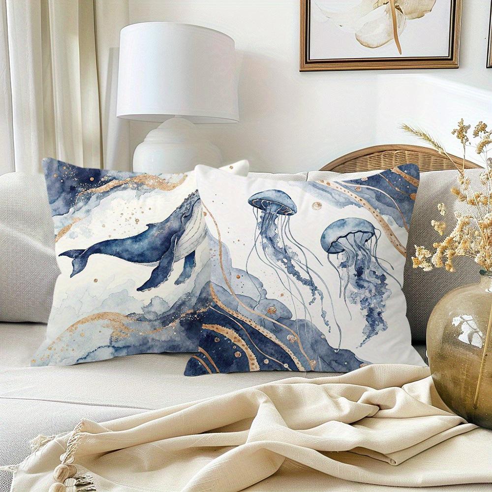 Blue Ocean Themed Pillowcases: Whale, Jellyfish, Stripes & Sunshine Design Sofa Cushion Cover Home Room Decoration