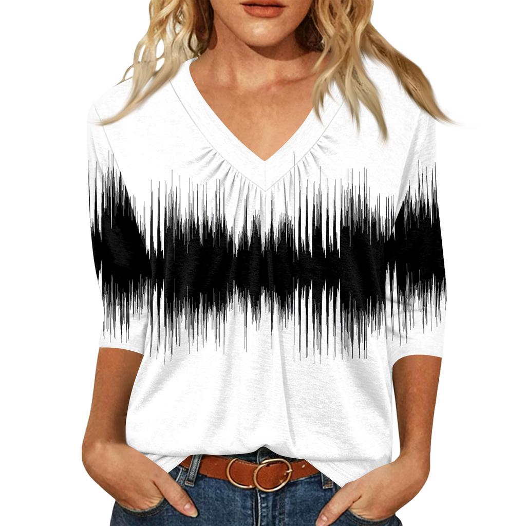 Damen Casual V-Ausschnitt Geometrischer Print Oberteil, Dreiviertelarm Bluse für den Alltag