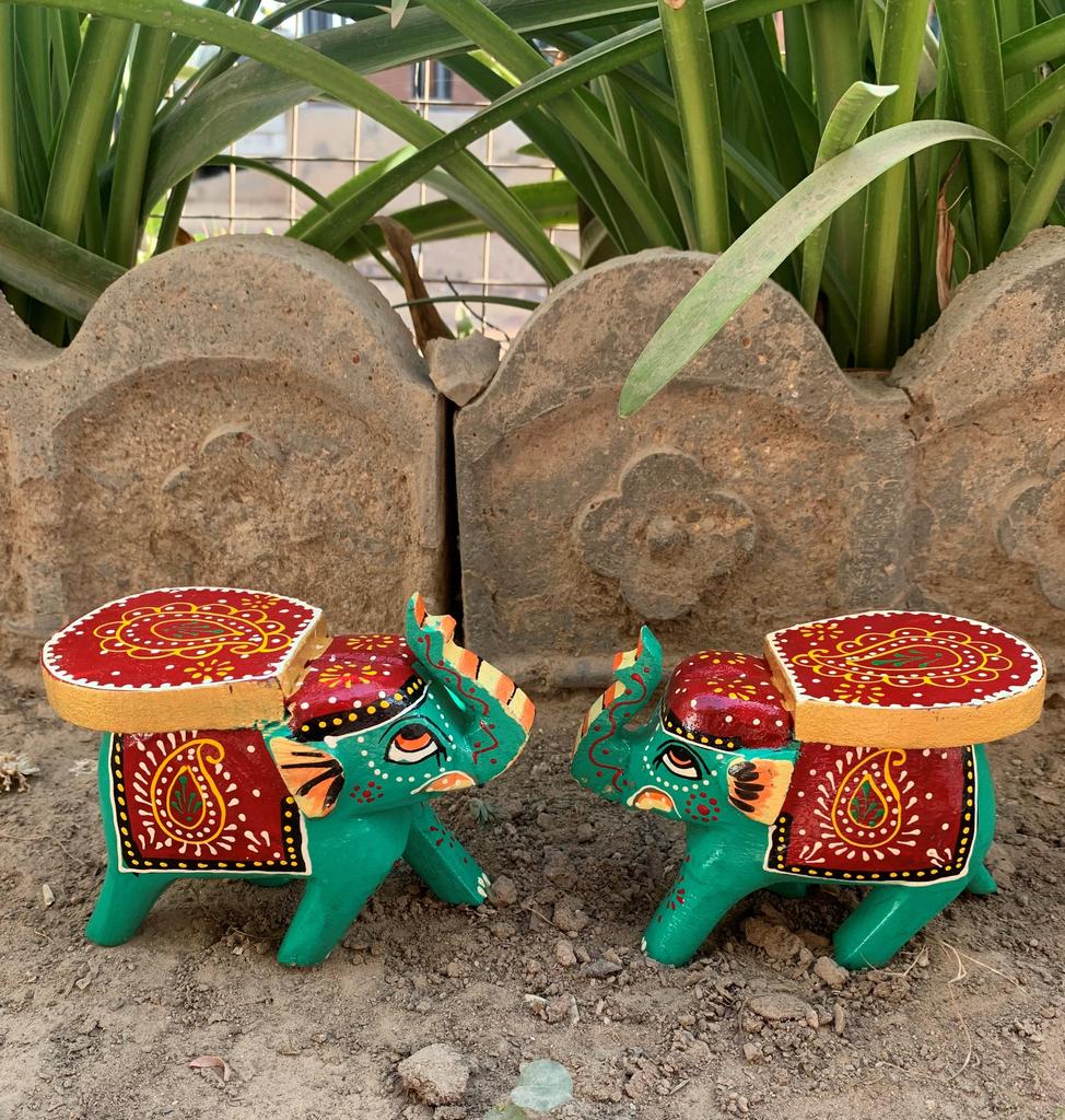 Hand Painted Wooden Elephant Stool Pair, Indian Folk Art Decorative Table