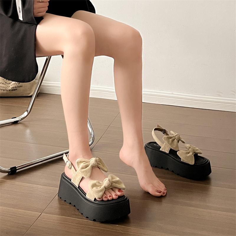 Summer Fabric Butterfly Knot High Heels Women's Round Head Open Toe Waterproof Platform Non-slip Wedges