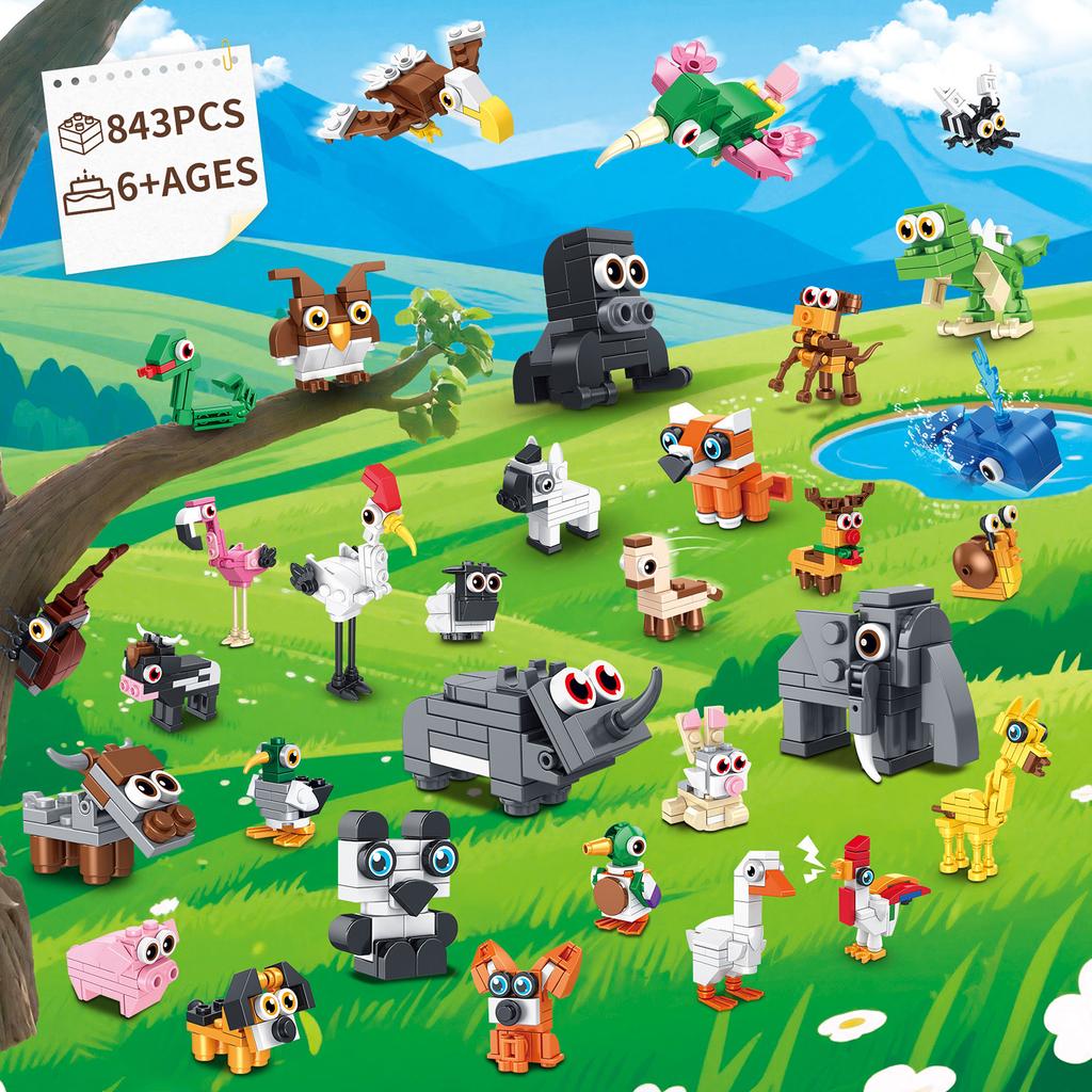 843PCS Land Animals Construction Block Playthings Land Small Animals Model Puzzle Blocks Toy Sets Ideal For Kid Desktop Ornament Gifts