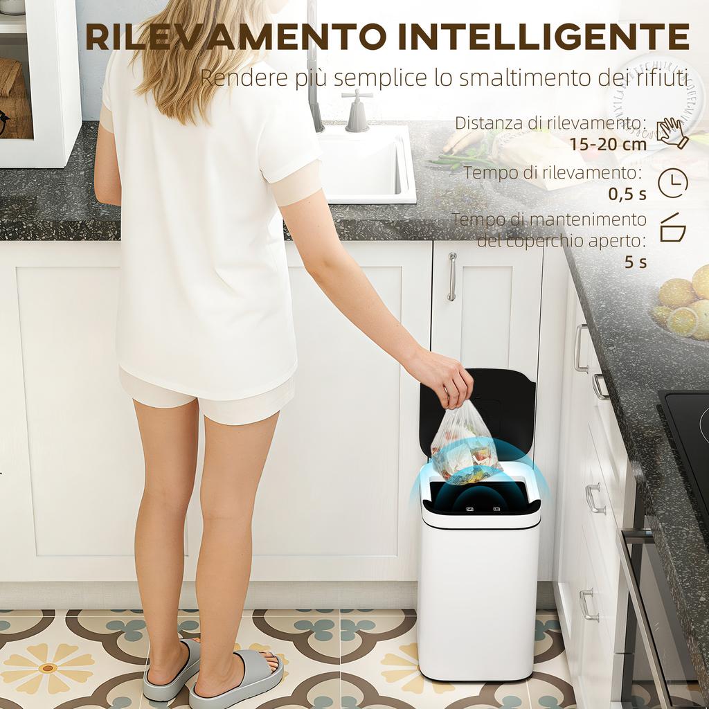 13L Trash Bin with Sensor and Space for Deodorizers, in Steel and PP, 24x24x41 cm, White and Black