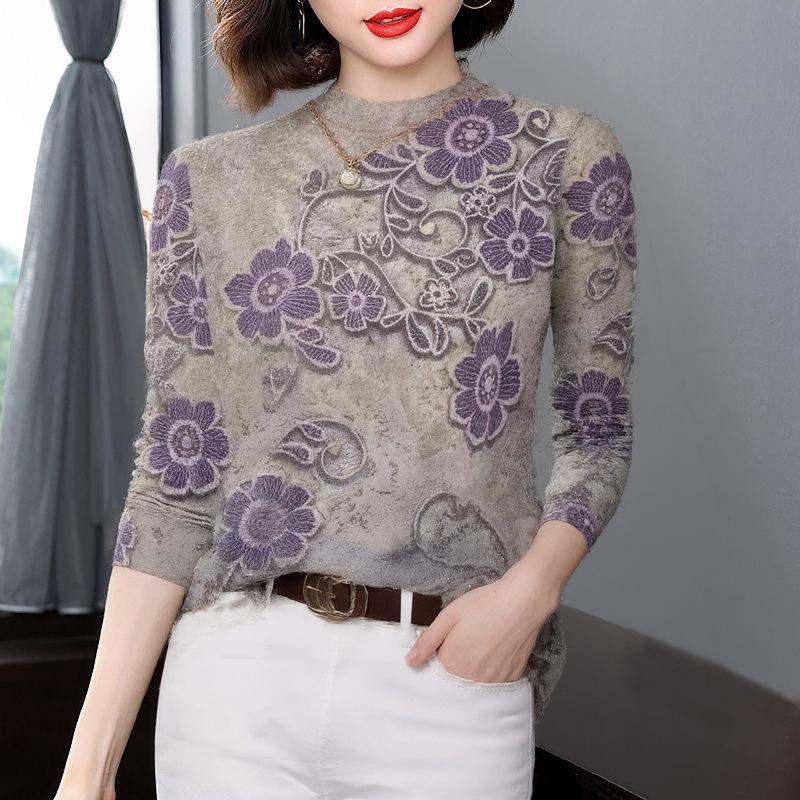Stylish Cartoon Cat Print Long Sleeve Knit T-shirt for Women & Moms - Tummy Covering, Plus Velvet, Thickened Top