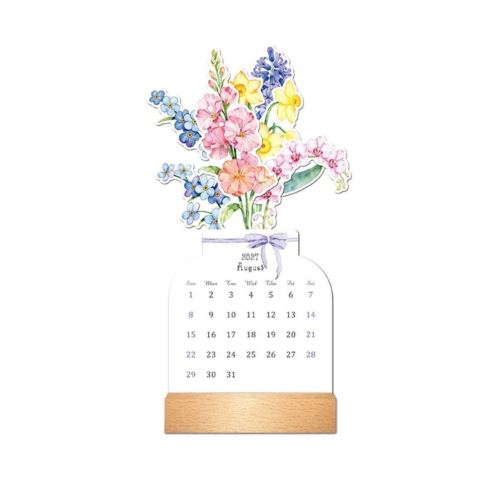 Wooden Base Bloomy Flowers Desk Calendar Floral Floral Desk Calendar  New Year