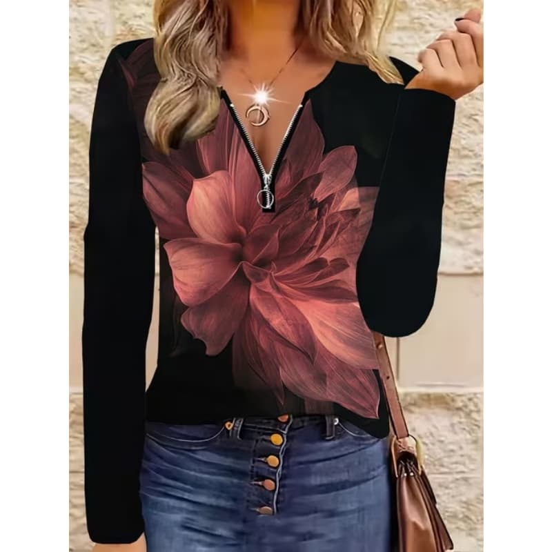 T-shirt da donna con stampa creativa, zip e maniche lunghe, traspirante, morbida e confortevole, adatta per l'abbigliamento casual tutto l'anno