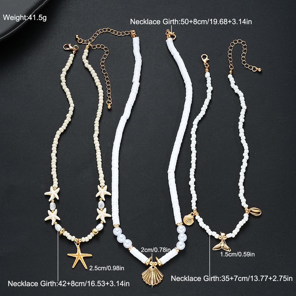 3Pcs/Set Conch Fish Tail Starfish Pendant Necklaces for Women Bohemian White Color Rice Beads Shell Necklaces Sets Beach Jewelry