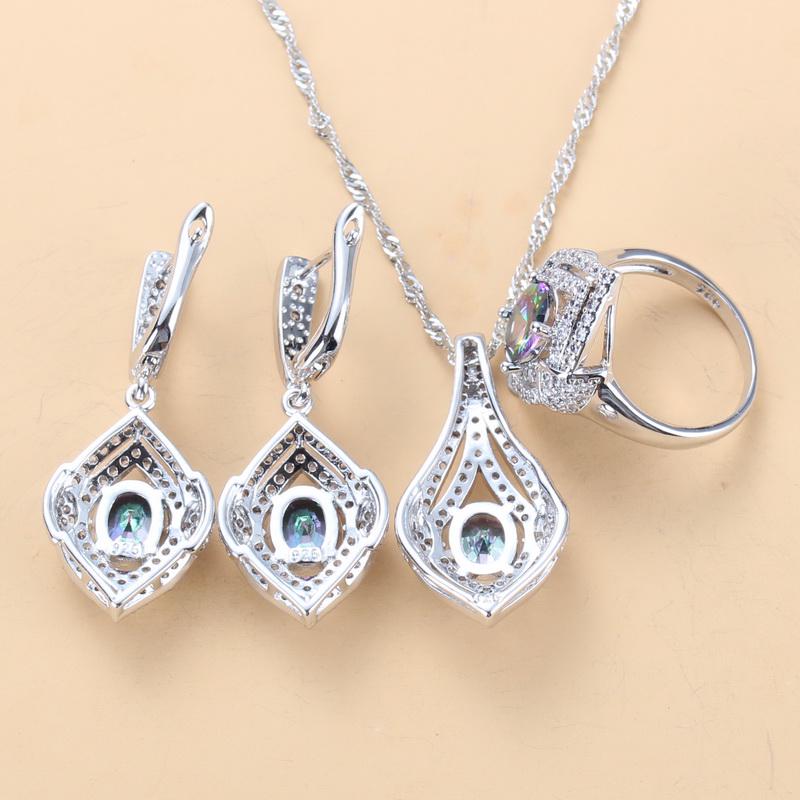 Hight Quality Fashion Accessories 925 Silver 9-Color Jewelry Sets Mystic Rainbow Zircon Female Bracelet Earring And Necklace