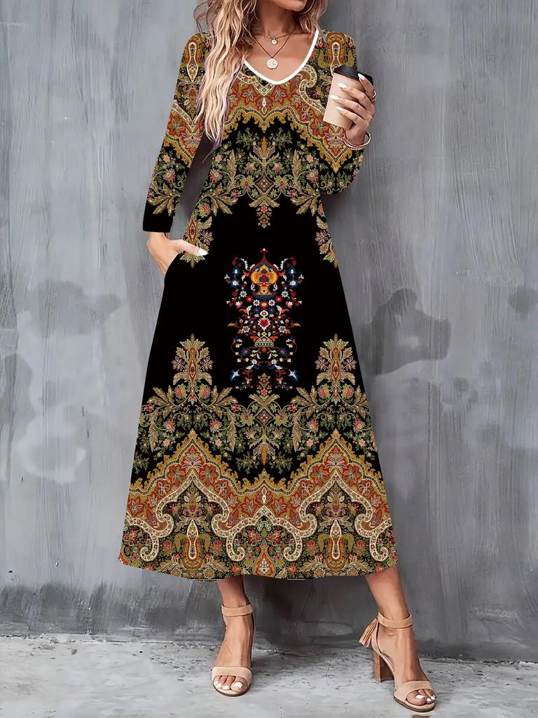 2025 Herbst und Winter Neue Damen Casual Mode Kleid 3D Retro Totem Druck Langarm V-Ausschnitt A-Linien Kleider