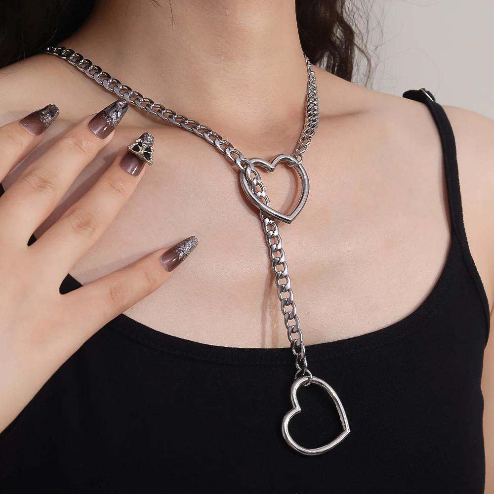 Collana Lariat Cuore Personalità Acciaio Inossidabile Catena Scorrevole Choker Girocollo Punk Rock Pesante Cubana Lunga Per Unisex