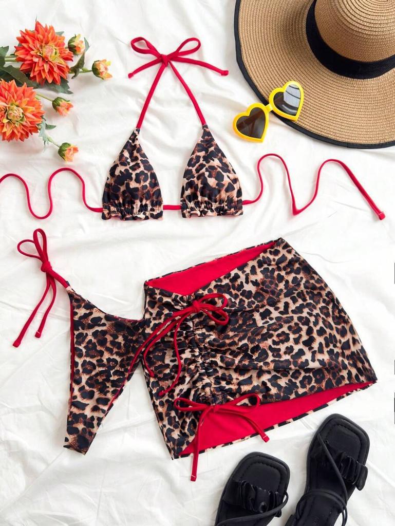 European And American Contrasting Colors Fashion Bikini Three-Piece Swimsuit Sexy Lace-Up Halter Skirt Bikini Swimsuit Women