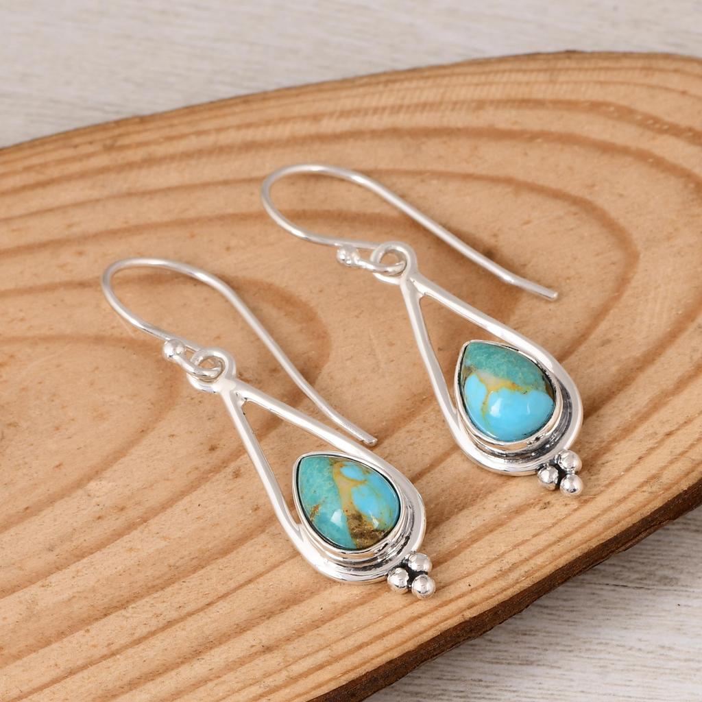 Natural Turquoise Drop Earrings 925 Silver, Pear Shape Turquoise Earrings, Handmade Gemstone Jewelry.