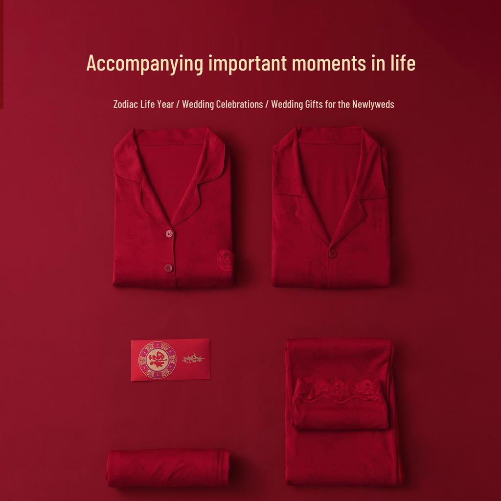 Tranquil Years: Soft, Skin-Friendly Red Wedding Pajama Set for Couples