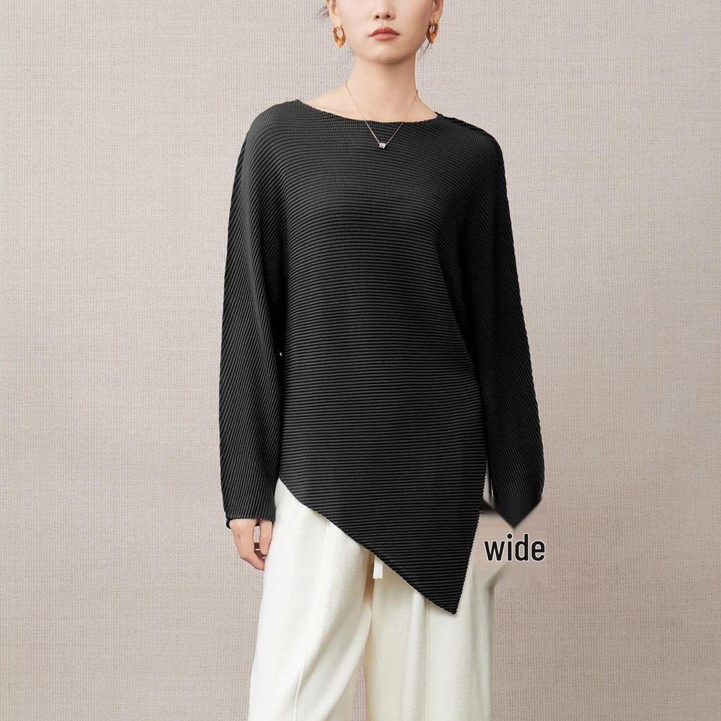 Women's Irregular Long-Sleeve T-Shirt - 2025 Autumn Style, Loose Fit, Slimming, Split & Pleated Base Layer.