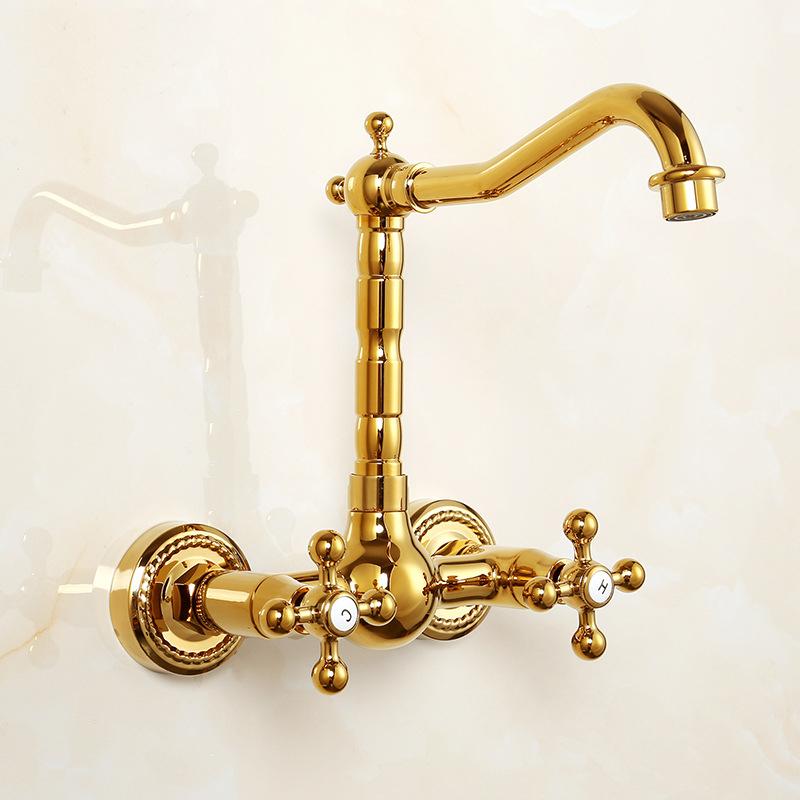 Antique Wall Mounted Basin Faucets Bathroom Black Dual Handles Bathtub Faucet Hot Cold Water Mixer Tap Torneira Do Banheiro Gold