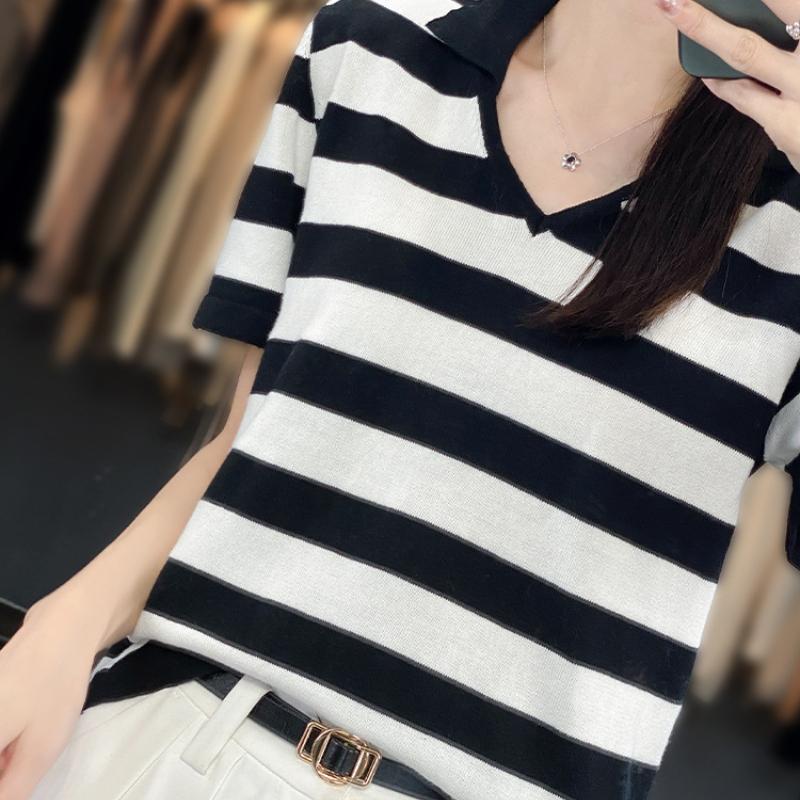 

Свитер из чистого хлопка с воротником поло, вязаный из ниток, футболка с коротким рукавом для женского лета, пуловер, уменьшающий возраст, топ с рукавом до локтя, свободный жилет большого размера XXL чёрный