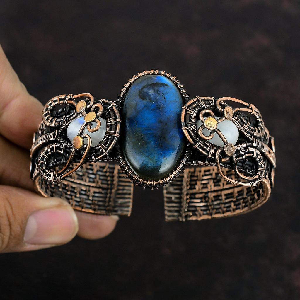 Labradorite Bangle Copper Wire Wrapped Cuff Bracelet Adjustable Bangle Handmade Gemstone Bracelet Rainbow Moonstone Jewelry Anniversary Gift