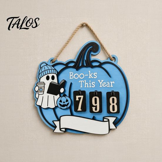 Unique Reading Tracker Halloween Ghost Pumpkin Wooden Hanging Sign, Sliding Number Counter for Book Read This Year, Fun Gift Spooky Decor with