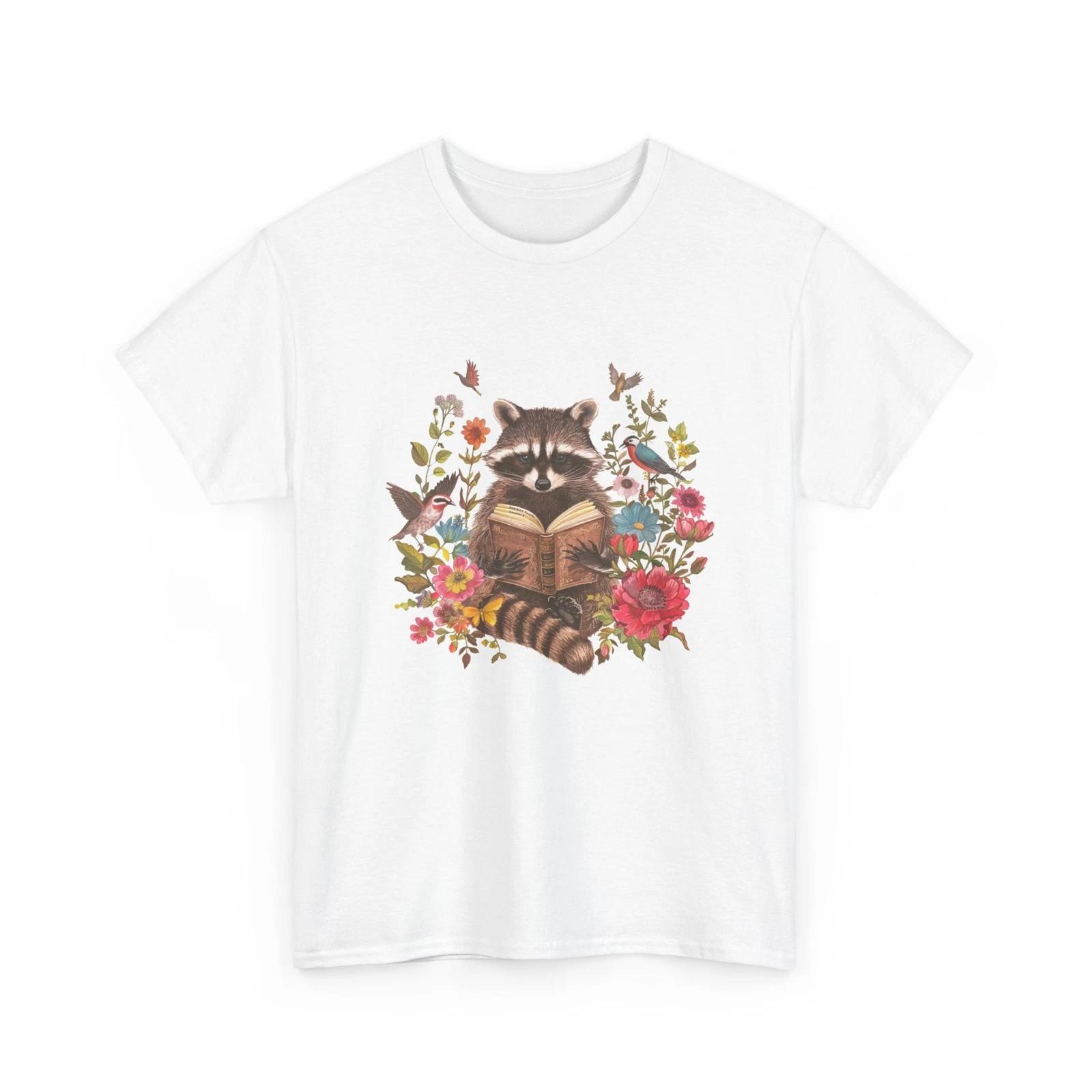 Boho Floral Raccoon Reading Book T-Shirt Whimsical Book Lover Shirt 3XL