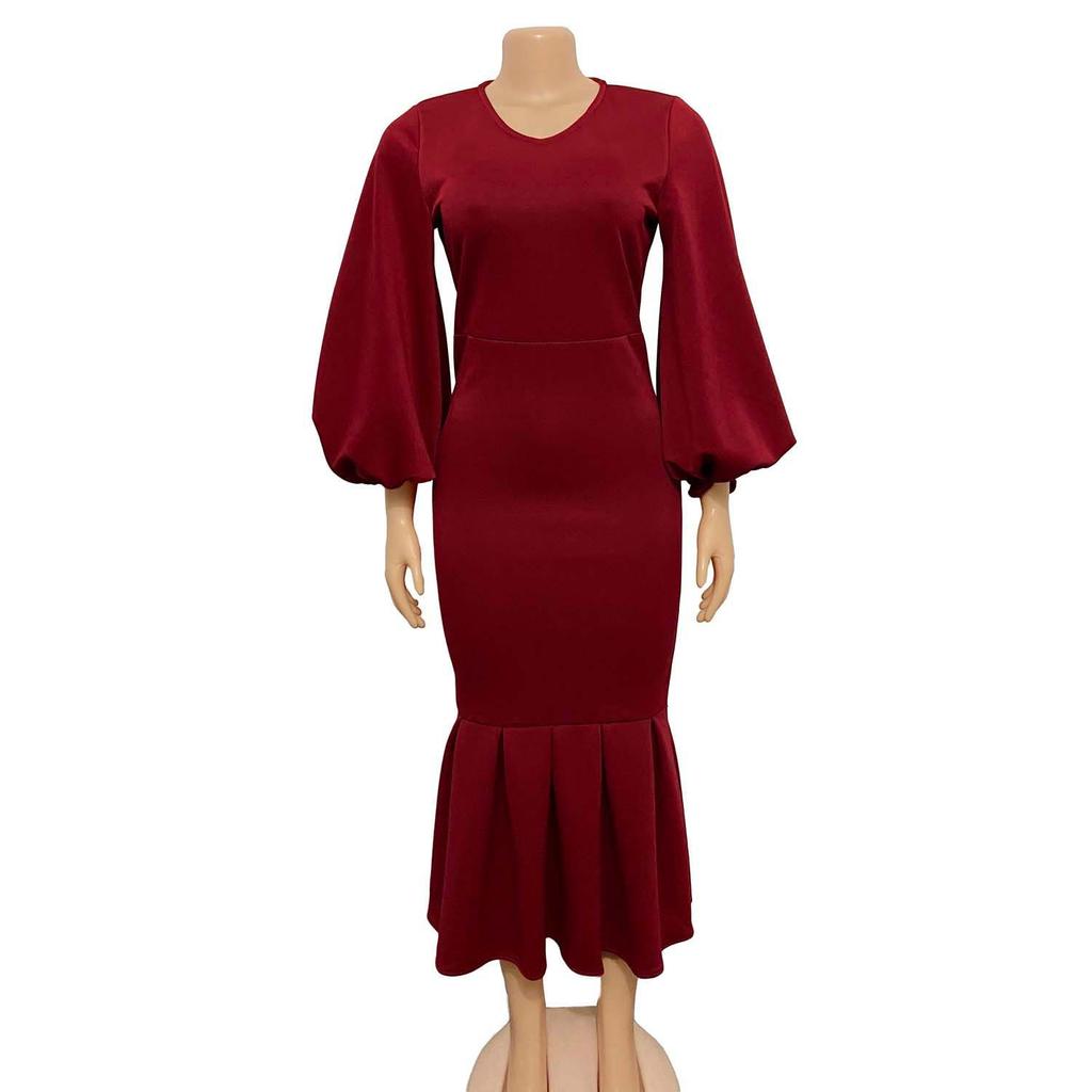Women's Spring New Fashion Large Size V-Neck Long Sleeve Sexy Fishtail Dress Dress
