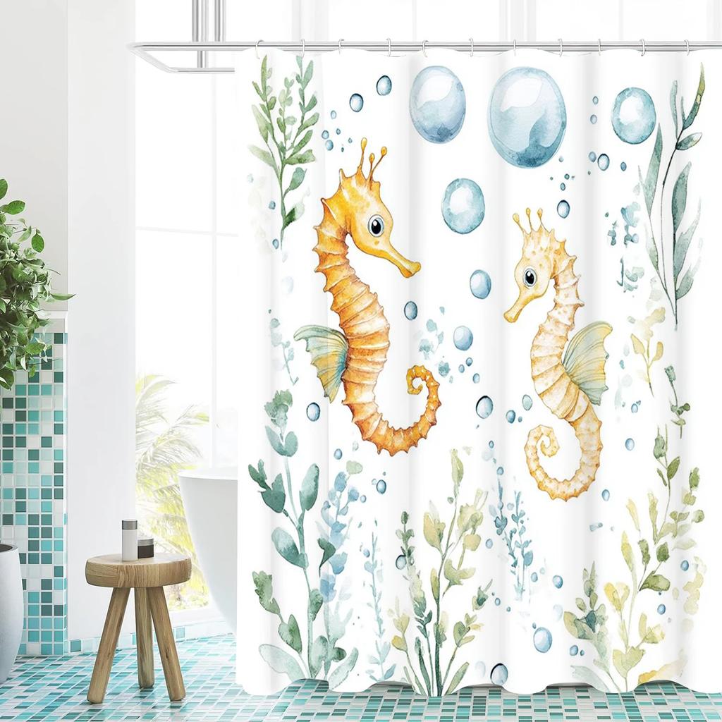 Sea World hippocampus Bathing Curtain  Bathroom Nordic green leaf  Shower Curtain Waterproof With 12 Hooks Home Deco