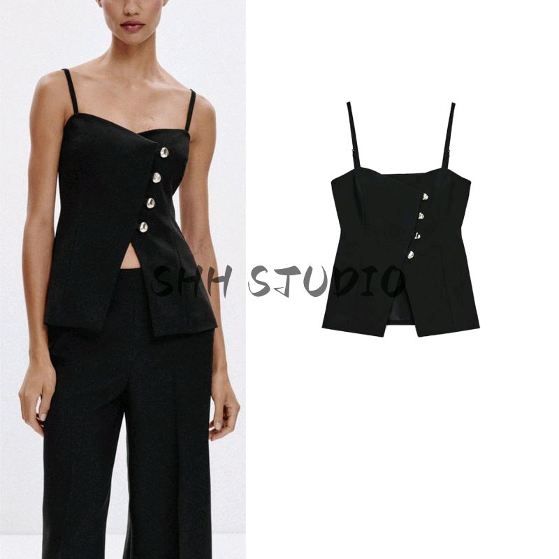 Fall New Women's Clothing Fashion Style A- line Hem Sling Button V Neck Spaghetti Strap Tops 8324696