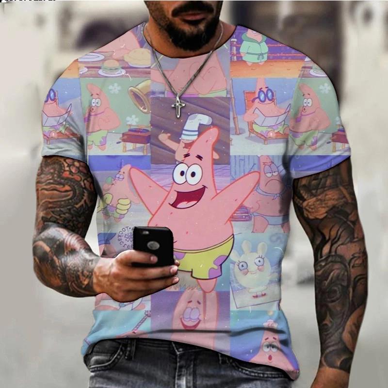 Letní Pánská Trička s Krátkým Rukávem s 3D Kresleným Potiskem Spongeboba s Kulatým Výstřihem