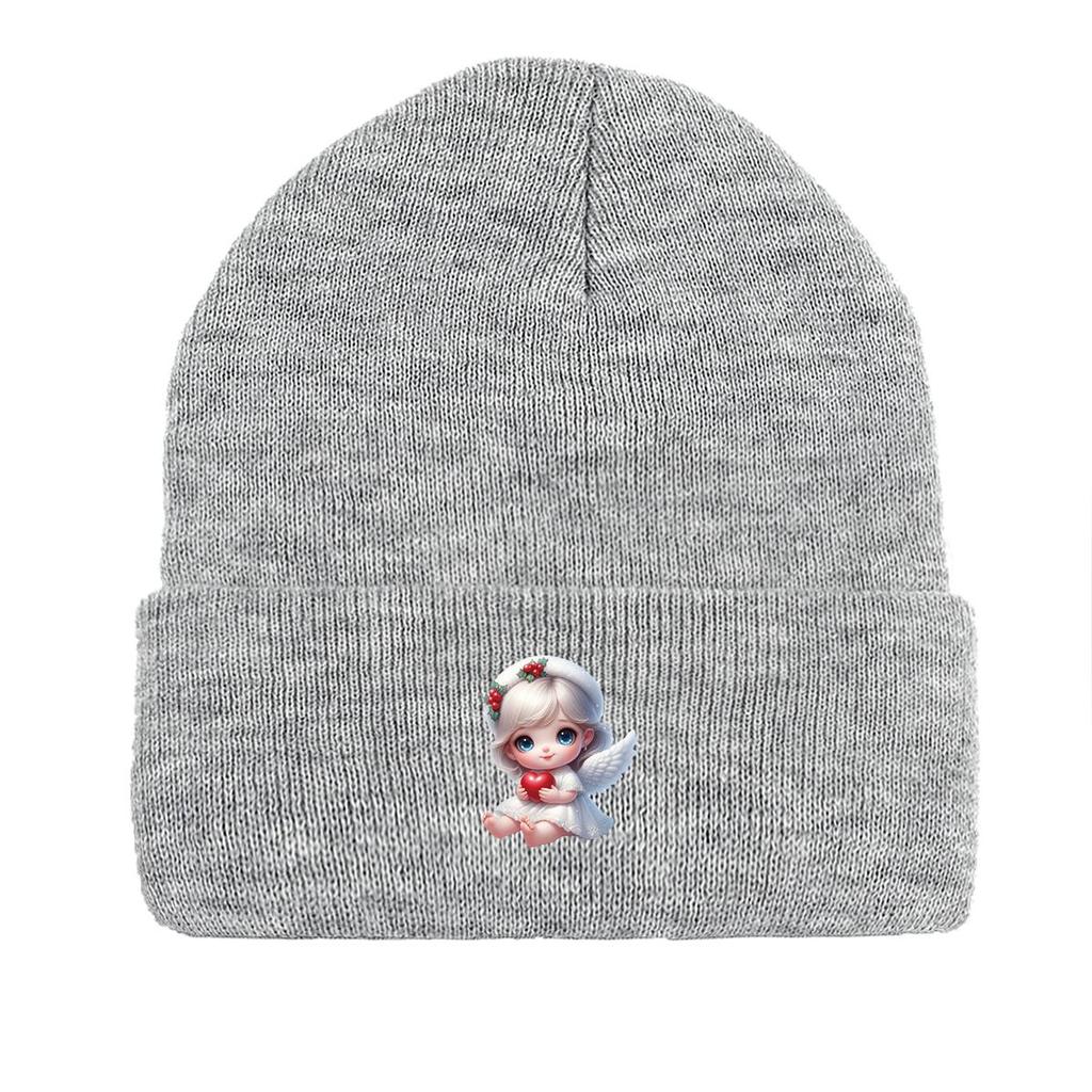 Little Angel Red Heart Print Knit Cap Beanie, Woman Cap Autumn Elastic Simple Bonnet Knitted Hat Beanie