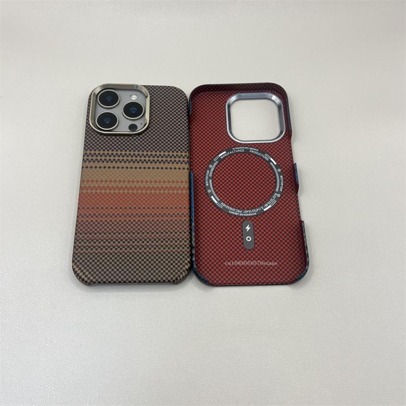 Carbon Fiber Fibre Relief Magsafe Case For iPhone 16 15 14 Pro Max 17 Pro Magnetic Wireless Charging Alloy Lens Shockproof Cover