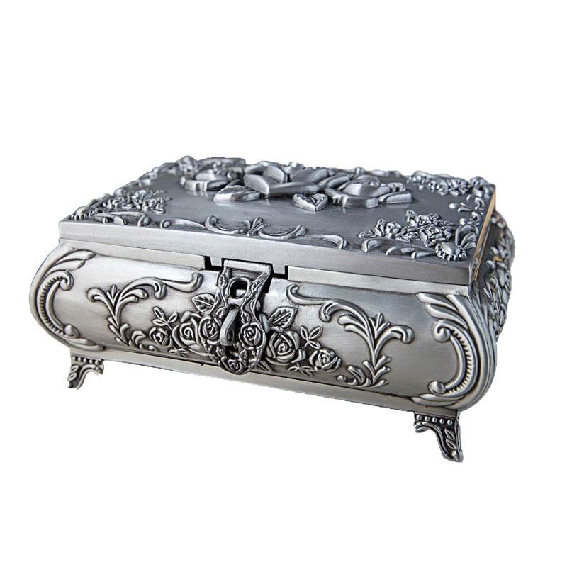 European Rose Carved Metal Jewelry Box with Lock - Necklace and Birthday Gift Storage