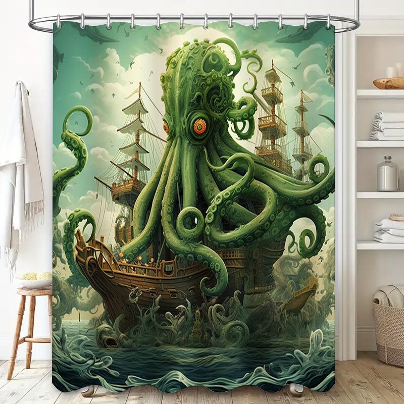 Octopus Ship Shower Curtain Surreal Marine Decor Green Blue Waterproof Bath Mat Set Home Bathroom Accessories Unique Gift Idea F