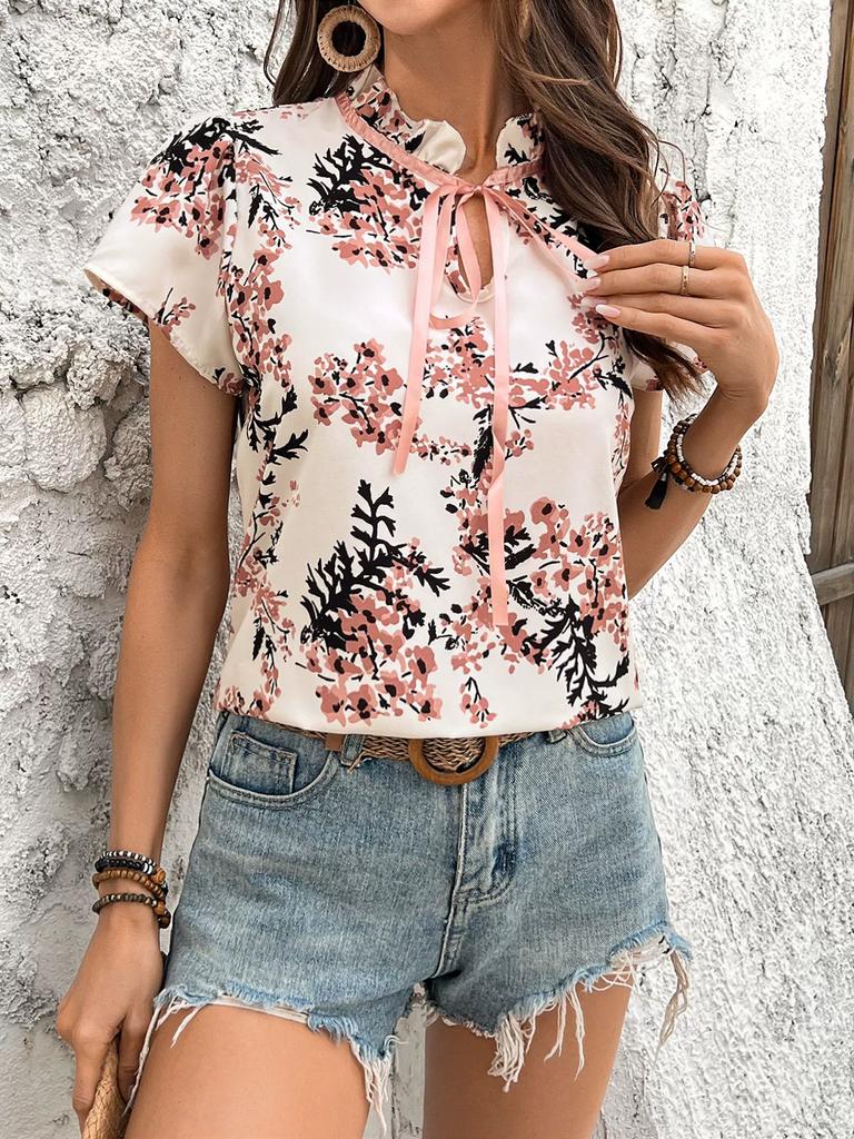 Plus Size Womens Shirt Spring Summer Fashion High Neck Floral Print Short Sleeve T-Shirt Blouse