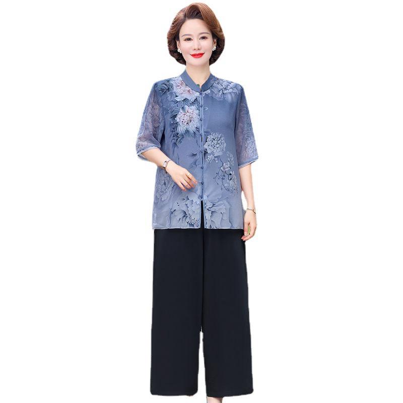 Middle-Aged Women's Summer Cotton & Linen Short-Sleeve T-Shirt Set