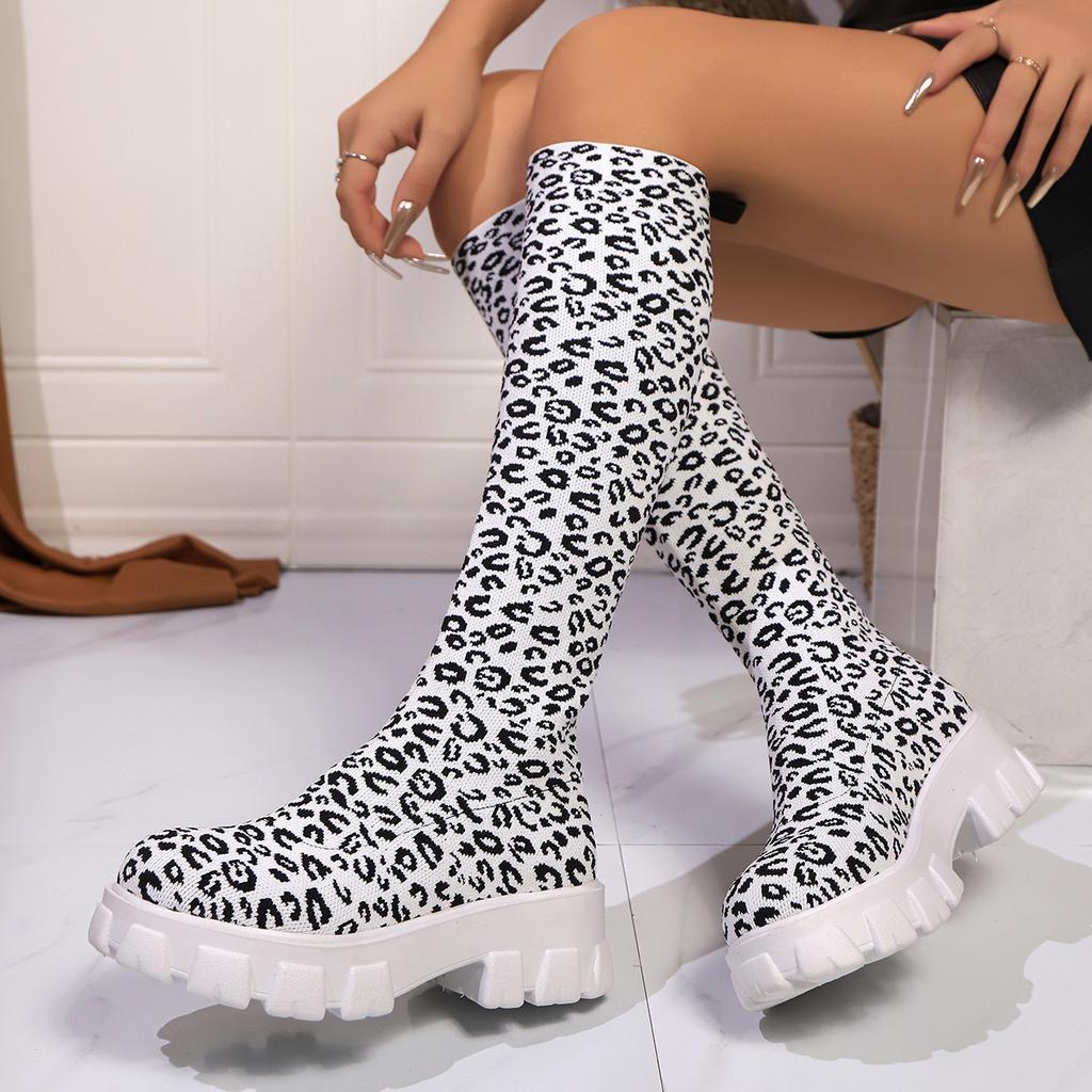 Thick heel and thin leopard print but knee boots for women's 2024 autumn European and American thick-soled muffin large-size foreign trade socks boots