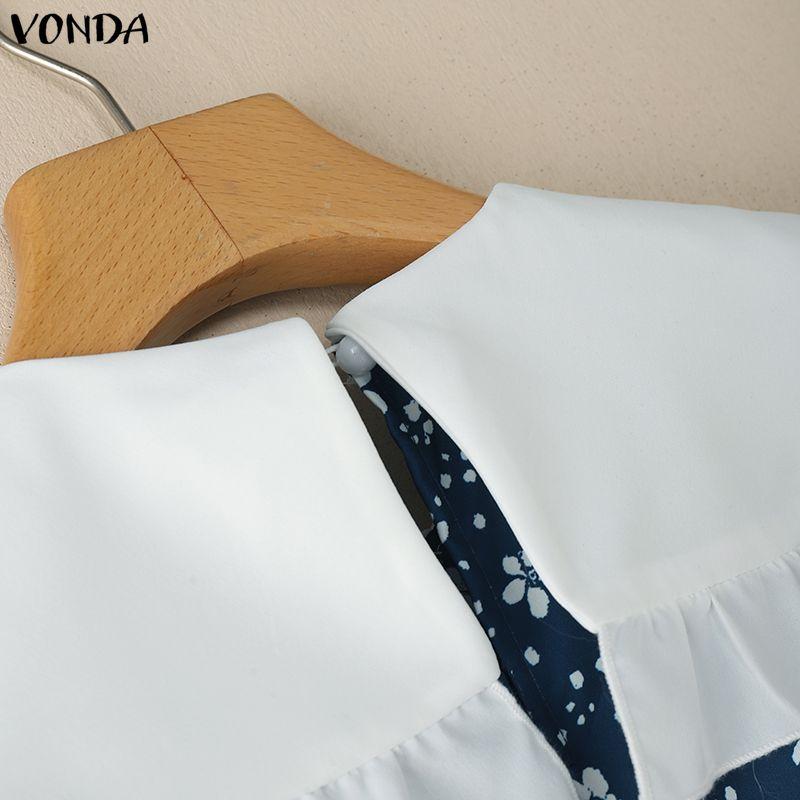 VONDA Rochie Elegantă Casual pentru Femei cu Guler Păpușă, Imprimeu Floral Patchwork, Mânecă Lungă