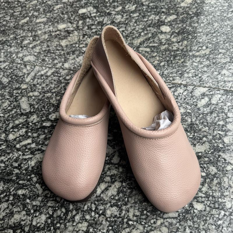 Johnature Chaussures plates vintage faites à la main en cuir véritable, chaussures confortables à semelle souple, couleur unie, à enfiler