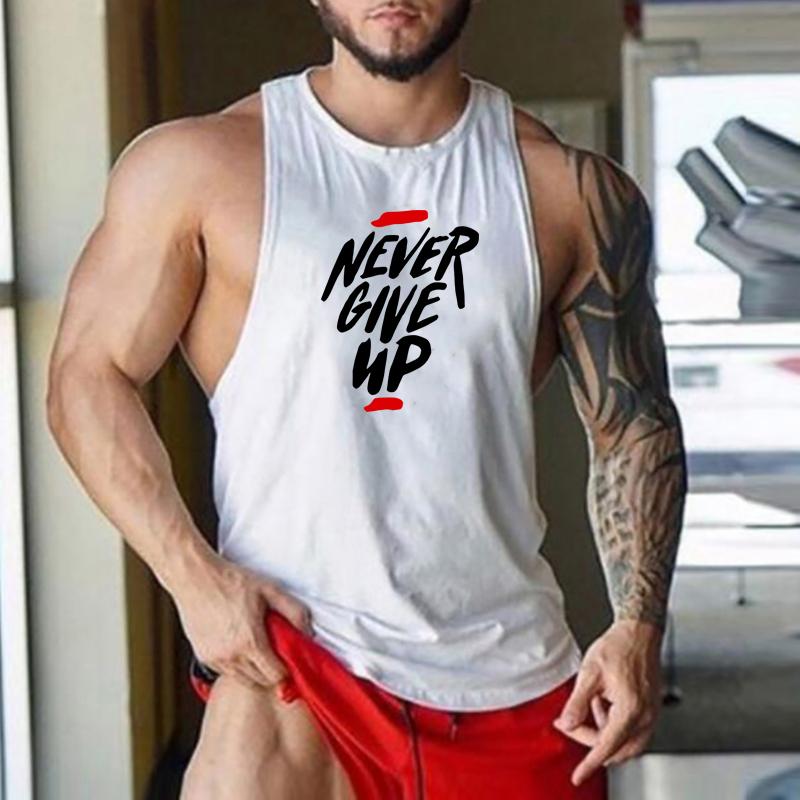 Muscleguys NEVER GIVE UP Mens Running Vests Summer Cotton Gym Tank Tops Bodybuilding Fitness Training Exercise Clothing Muscle Singlets