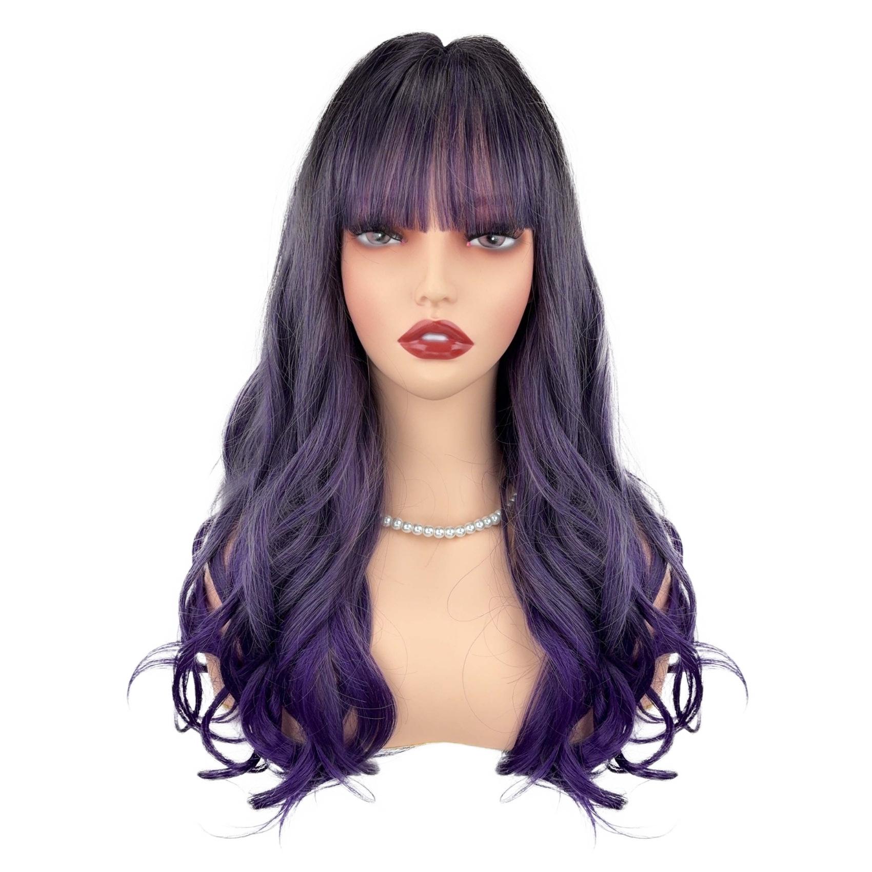 Stylish Long Purple Streaked Curly Wig with Bangs – Synthetic Fiber Women s Hair фиолетовый