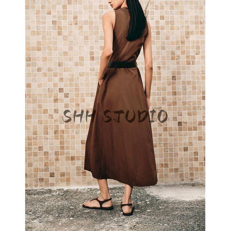 Summer New Women clothes Pleated Decorative Single-Breasted With Belt V-neck Sleeveless Midi Dress 5029101