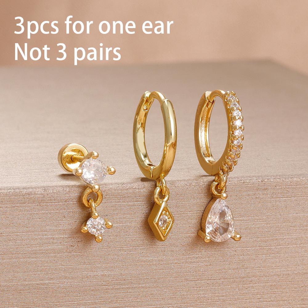 3 Pieces Stainless Steel Hoop Earrings Set For Women Crystal Zircon Huggie Flower Water Drop Trendy Earring Piercing Jewelry
